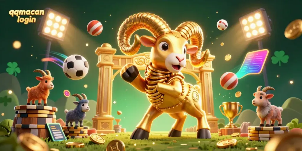 Engage with the colorful action of 'qqmacan login' featuring a golden ram and dynamic sports elements in a vibrant casino scene.
