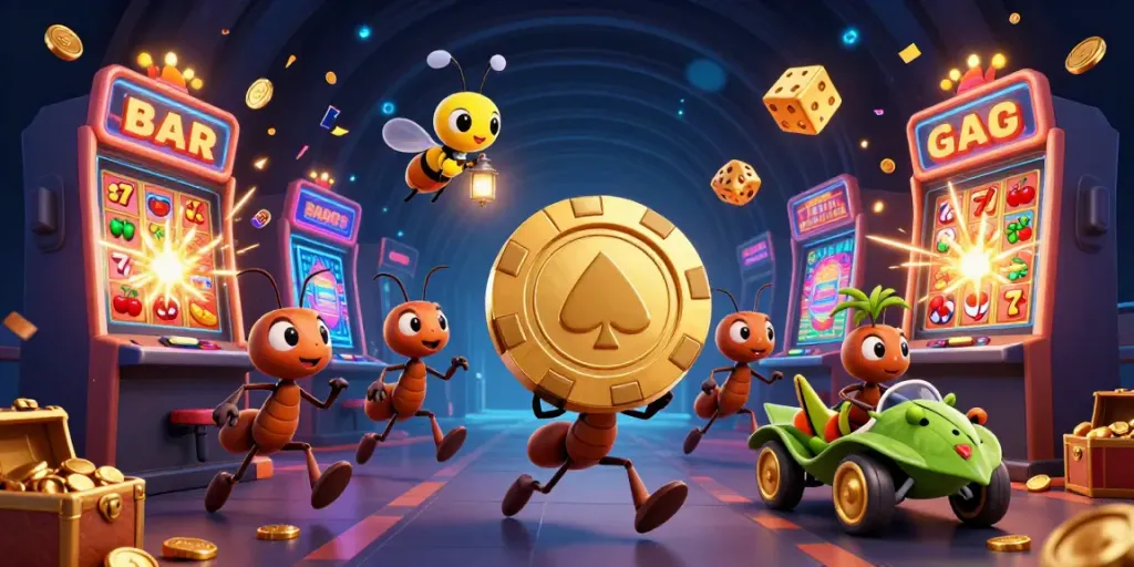 Ants and a grasshopper showcase tg888bb with a treasure-filled heist scene in this vibrant casino illustration.