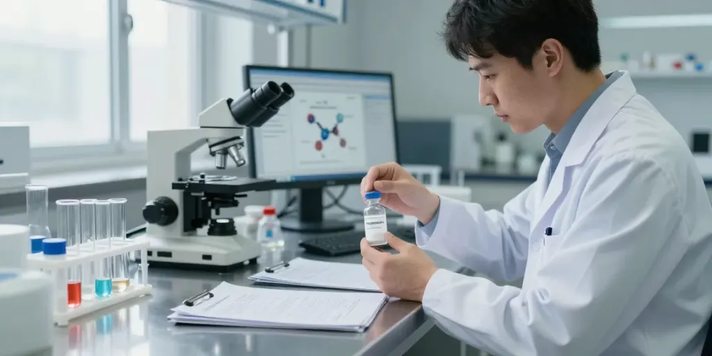 Scientist researching tesamorelin in a modern lab with vials and glassware.