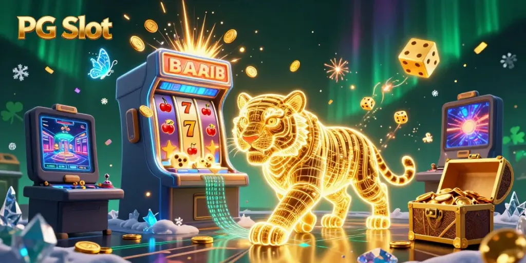 Permainan PG Slot yang menarik dengan simbol keberuntungan dan jackpot yang meledak penuh koin.