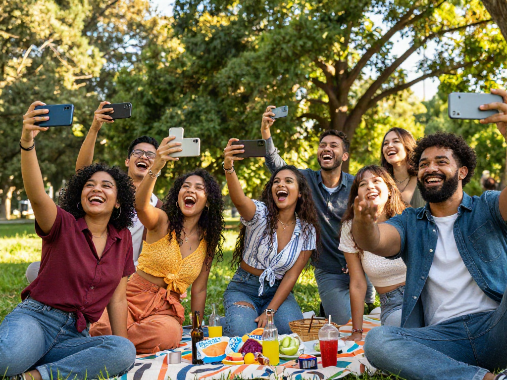 Friends enjoying a fun outdoor photo contest to test their attractiveness.