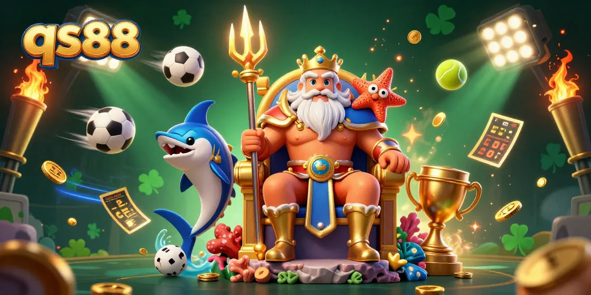 Experience thrilling wins at qs88 with a dynamic 3D scene featuring cartoon sea king and sports elements.