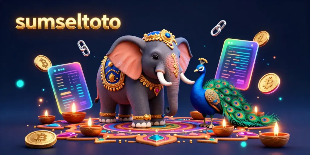 Experience the vibrant world of sumseltoto with a Diwali-themed elephant and cryptocurrency coins, symbolizing gaming excitement.