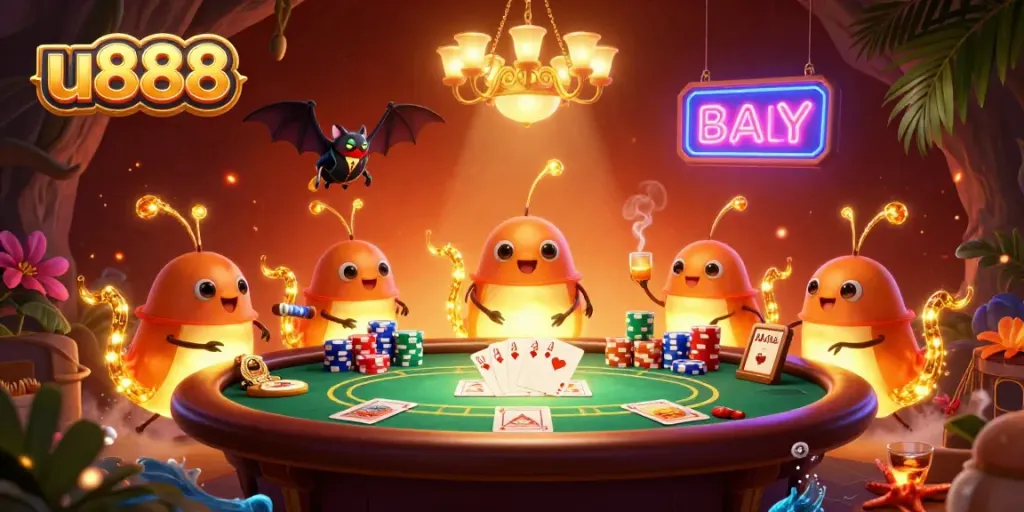 Experience thrilling u888 poker action as glowworms illuminate a colorful casino scene.