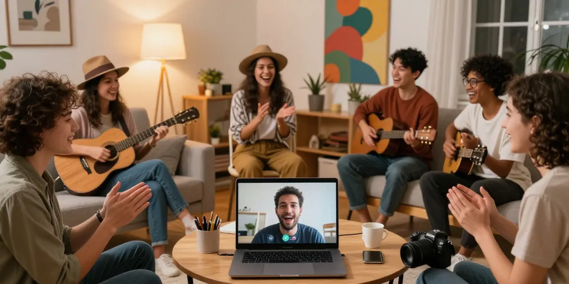 Participants enjoying beginner improv classes online using fun props and engaging in creative exercises in a cozy setting.