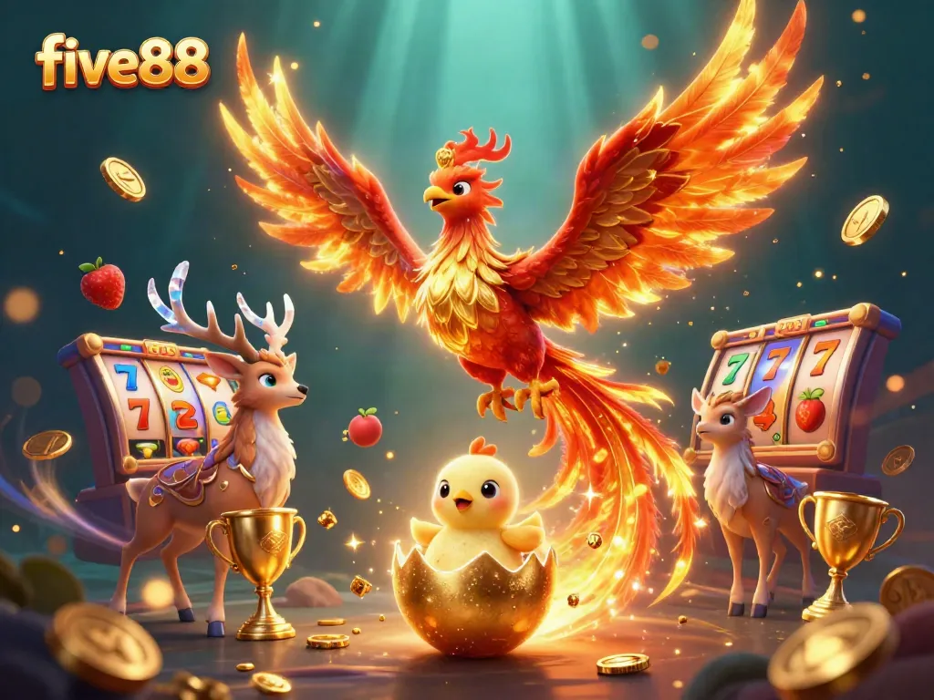Experience thrilling wins at five88 with a vibrant phoenix and magical gaming elements.