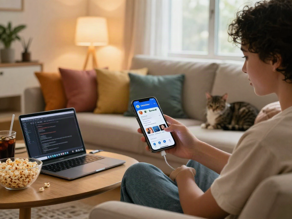 Pikashow APK download showcased on smartphone in cozy living room for streaming entertainment.