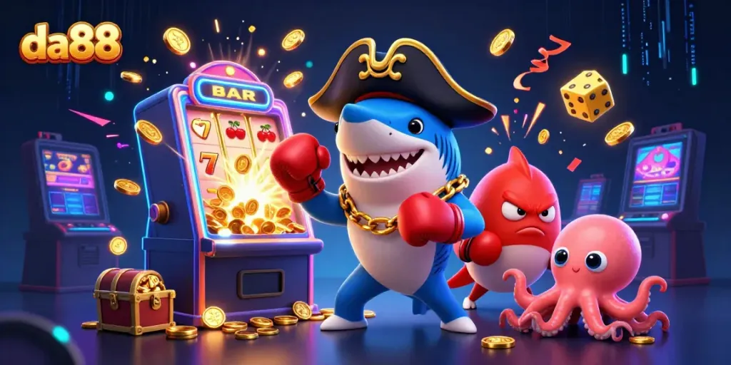 Engage in thrilling play at da88 with a dynamic underwater scene featuring a pirate shark and winning jackpot elements.