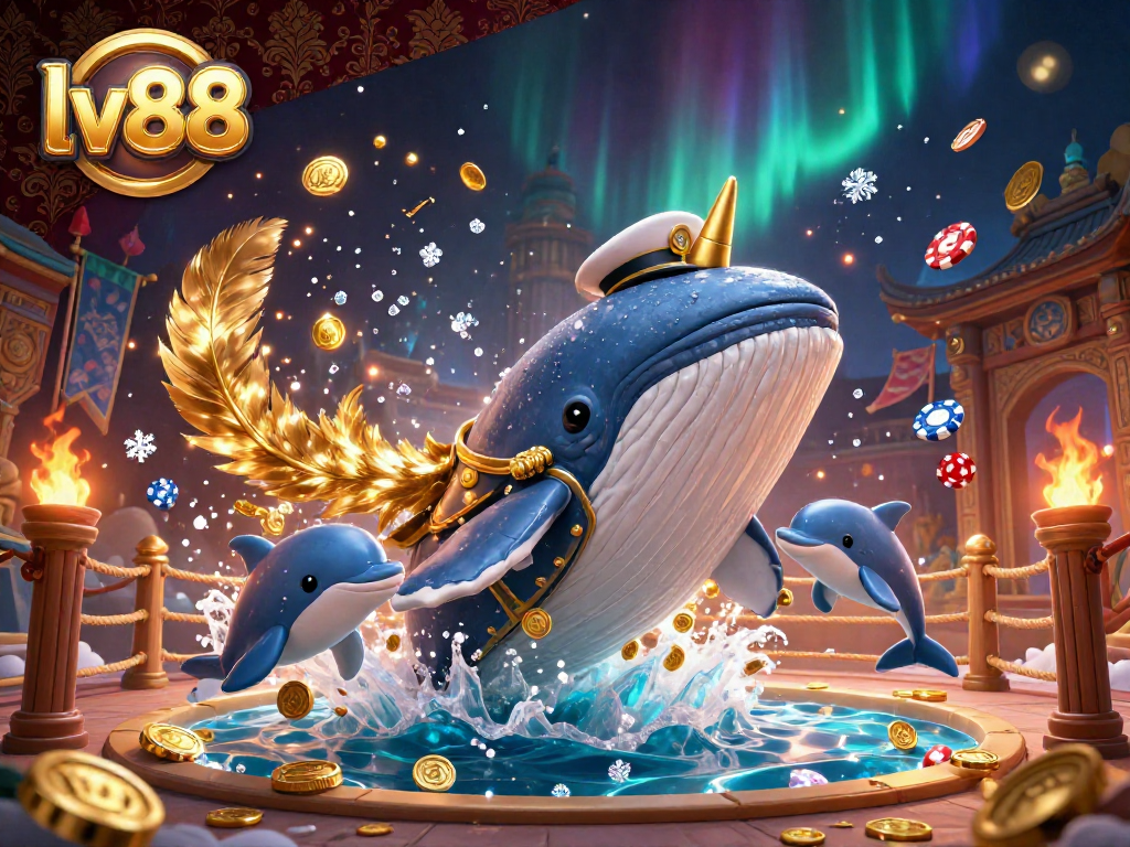 Engage in exciting online gambling with lv88 featuring playful casino elements, whale, and marine companions.