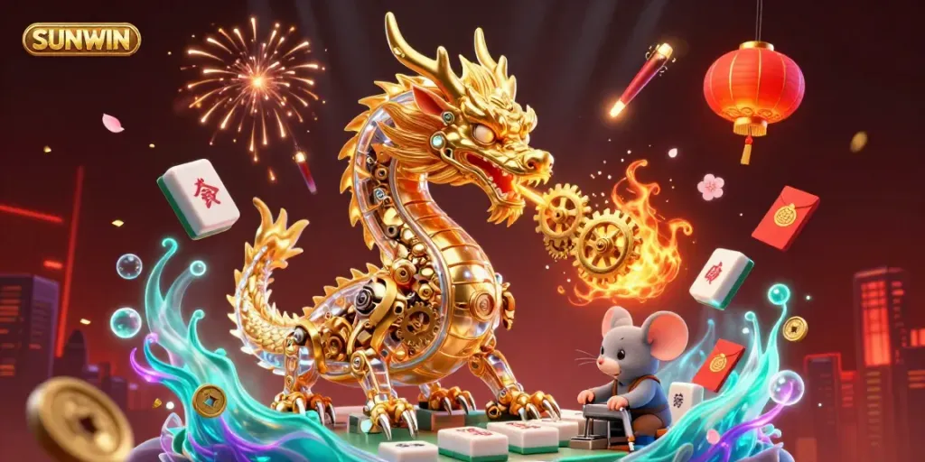 SUNWIN's engaging online casino scene with a dragon, golden gears, and festive decorations evoking excitement alive with action.