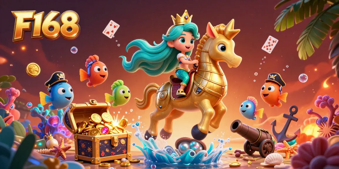 Experience the vibrant underwater world of F168 with a mermaid princess, seahorse, and treasure!