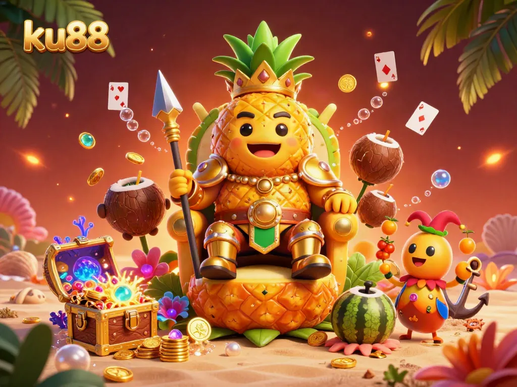 Engage with the vibrant world of ku88 where a golden pineapple king reigns over a colorful beach casino.