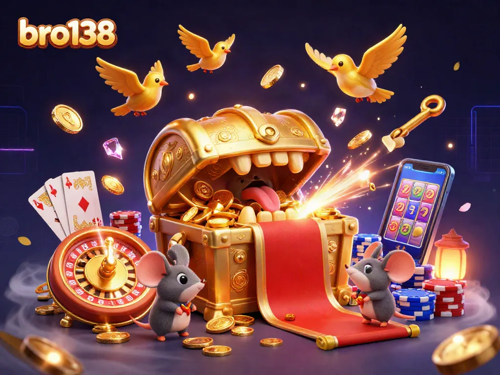 Spin the reels of fortune with bro138, featuring vibrant casino elements and enticing treasure.