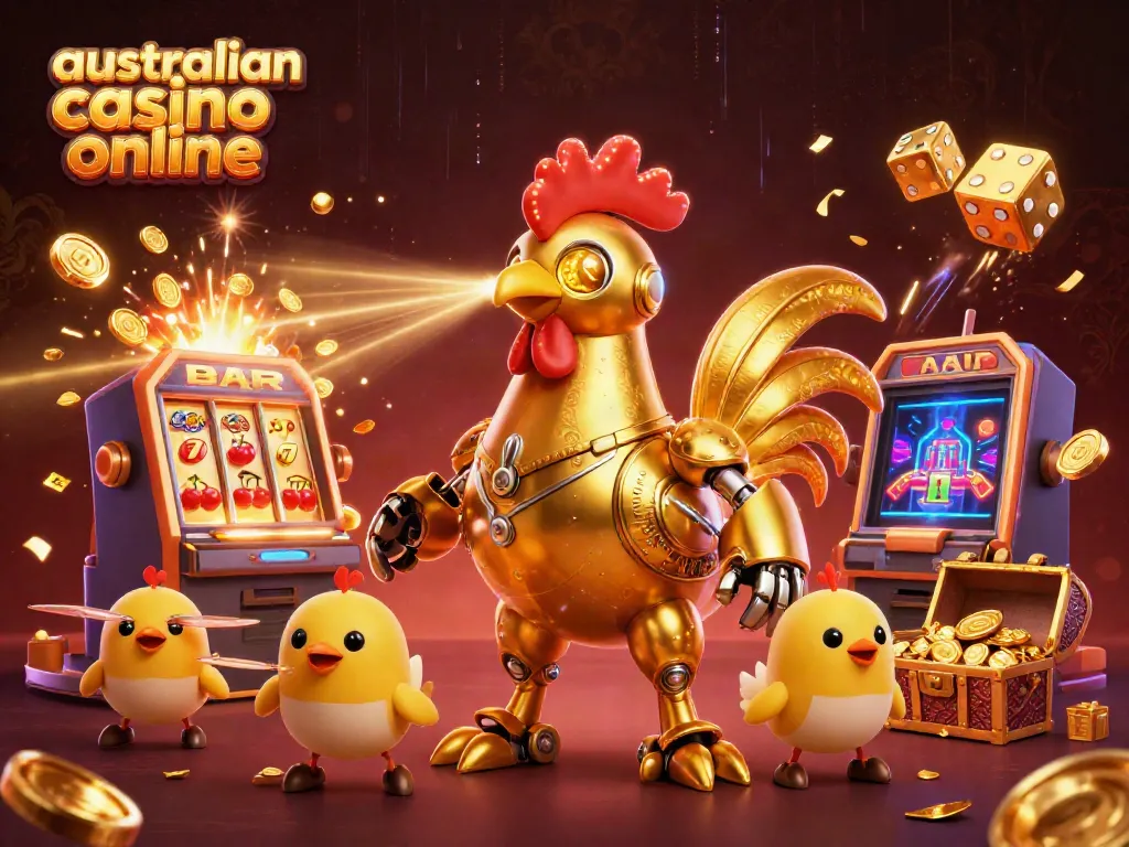 Experience the thrill of australian casino online with a dynamic scene featuring a golden rooster robot and baby chick drones amidst game elements.