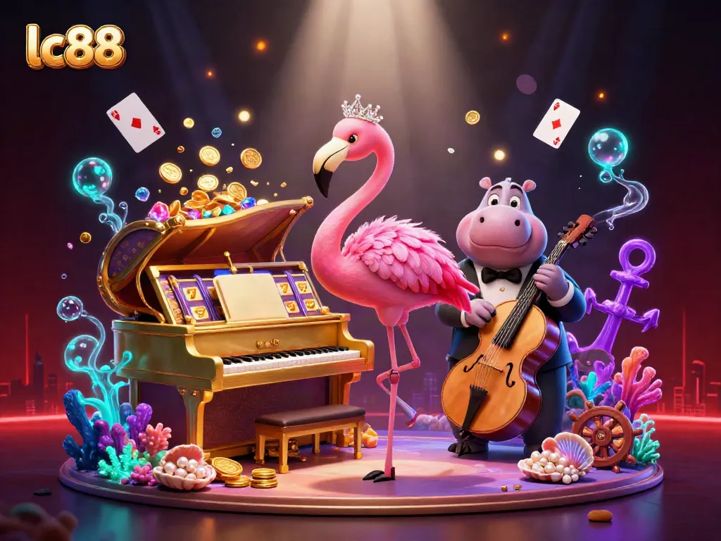 Experience thrilling lc88 slot action with a vibrant flamingo singer and hippo bassist in a dazzling casino illustration.