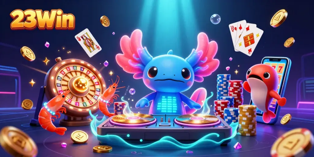 Spin the reels on 23Win with vibrant graphics and exciting casino elements in this 3D illustration.