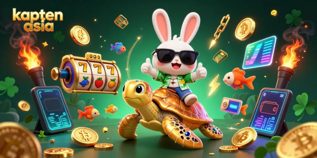 Gambarlah kapten asia yang menampilkan kelinci keberuntungan dan kura-kura emas di kasino online.