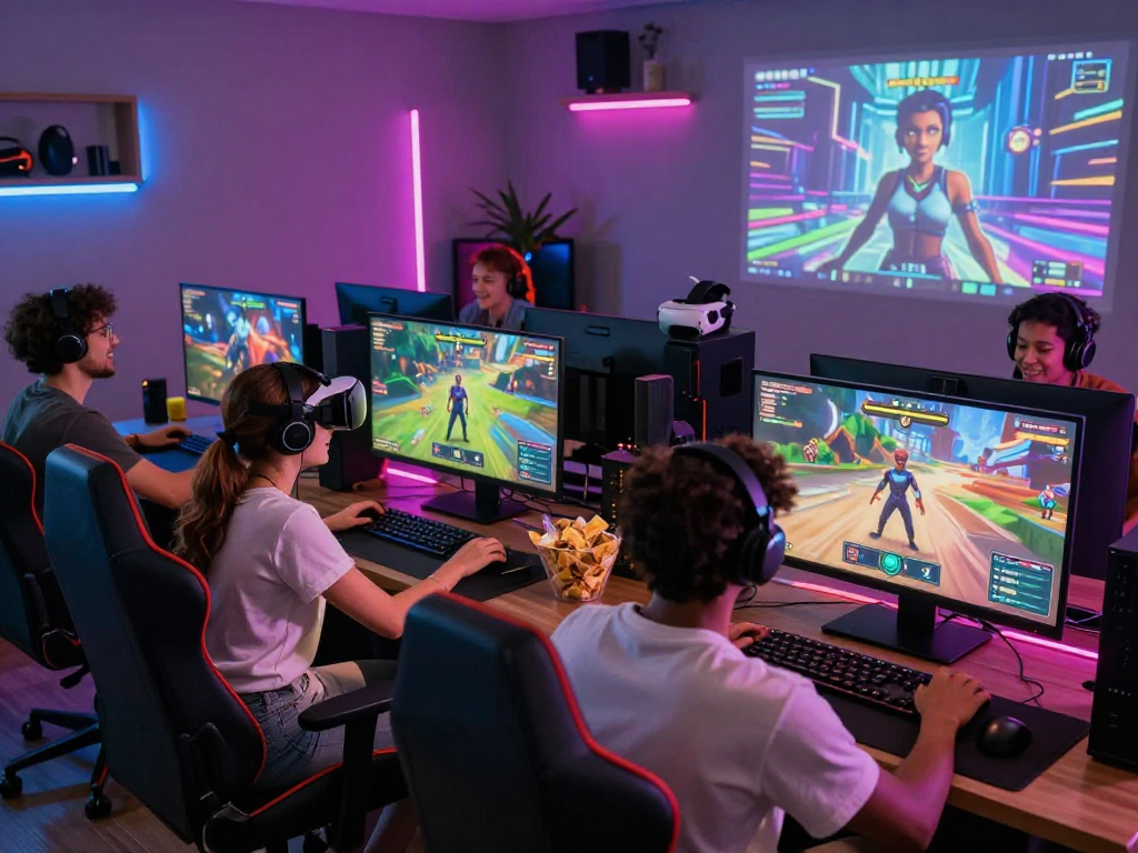 Players enjoying a vibrant porn game session in a cozy gaming room.