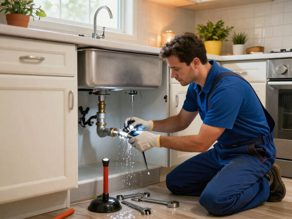 Emergency plumber Fort Worth fixing a leaking kitchen sink, surrounded by tools and warm natural light.