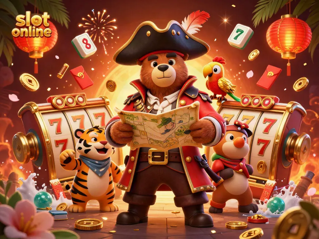 Engage with vibrant slot online action featuring a 3D pirate bear and tiger, surrounded by festive casino elements.