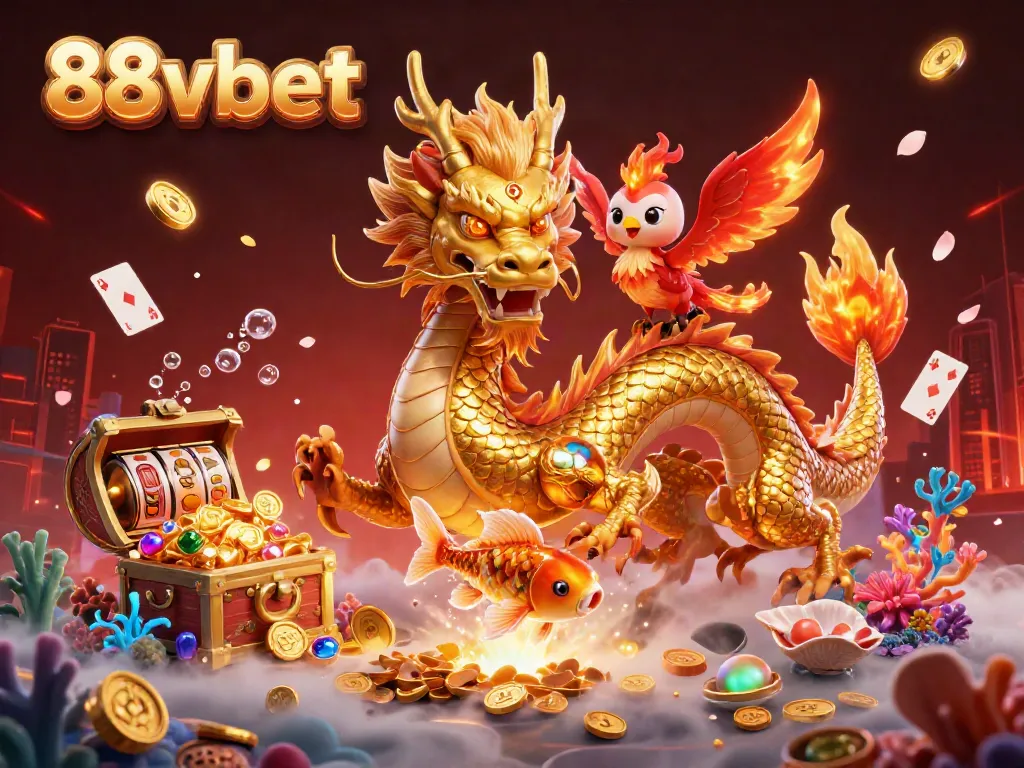 Engage in thrilling gameplay with 88vbet's vibrant casino scene featuring a golden dragon, koi fish, and slot games.