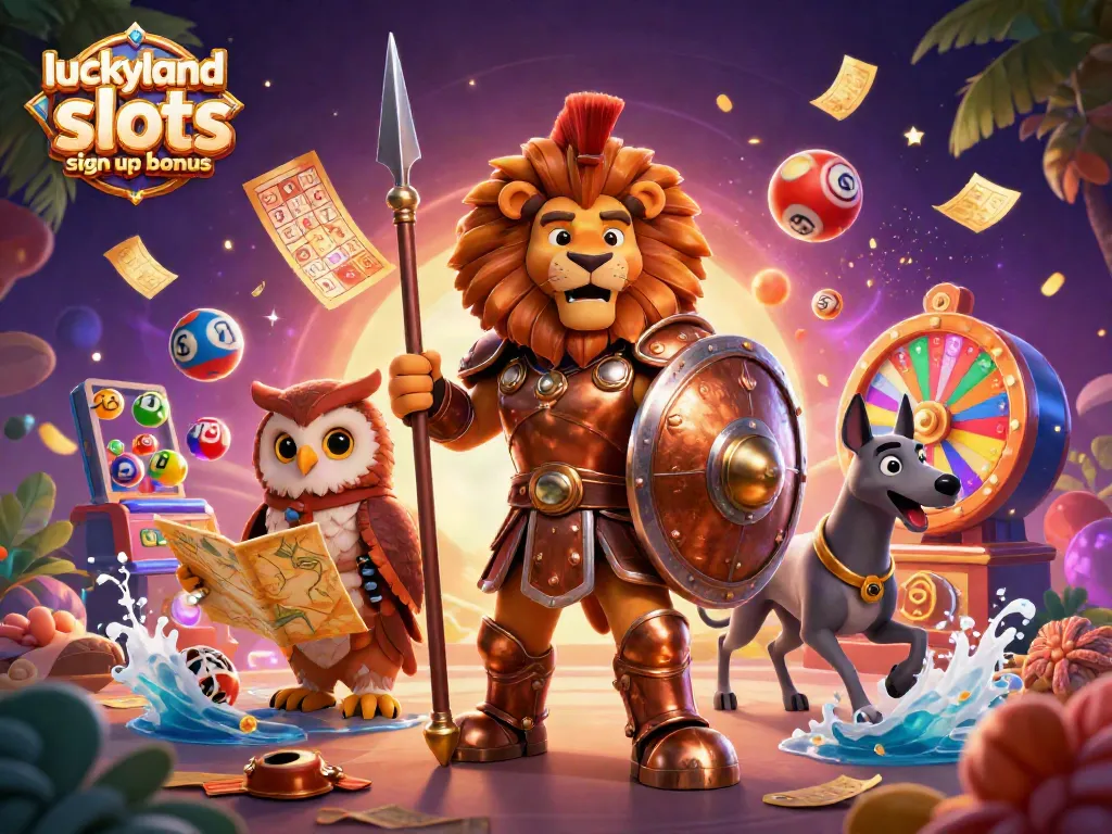 Play with the luckyland slots sign up bonus through engaging characters in a vibrant 3D scene.
