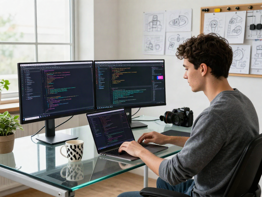 The developer working on the pikashow app at a sleek workspace, immersed in coding with vibrant code on dual monitors and modern tech elements.