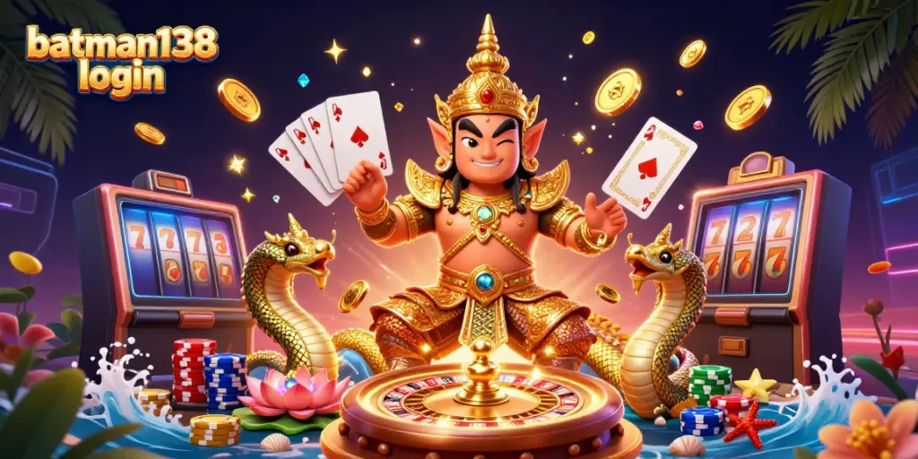 Experience the excitement of batman138 login with a vibrant 3D casino scene filled with gaming action.