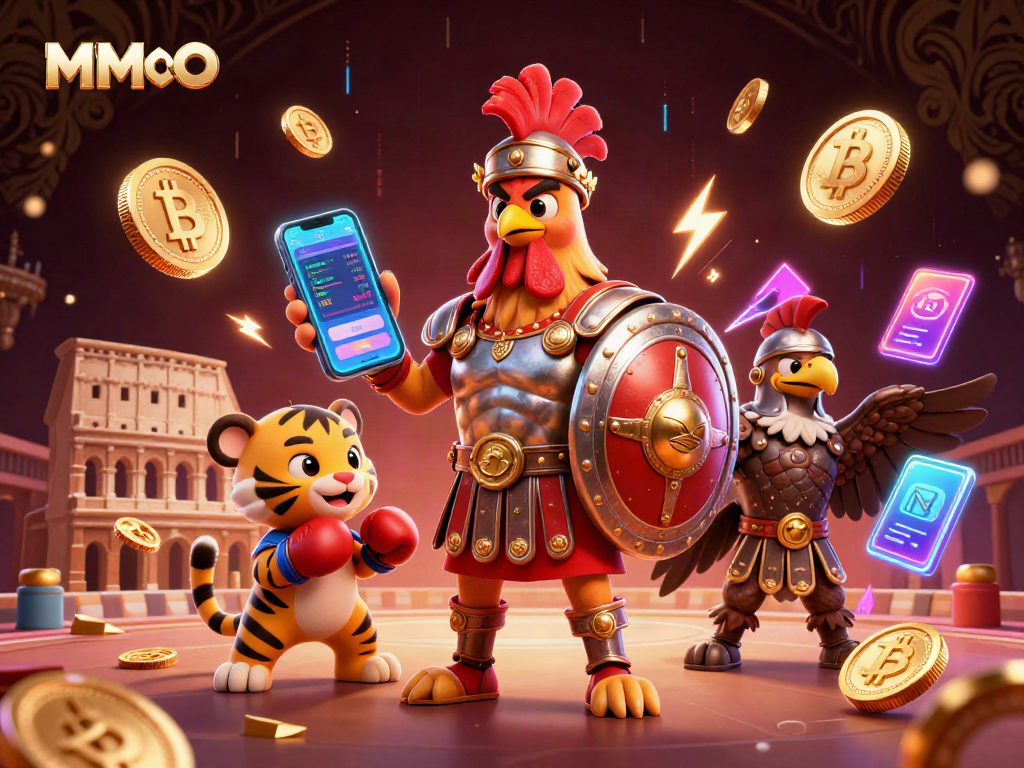 MMOO casino illustration featuring a gladiator rooster and NFT elements in a vibrant arena.