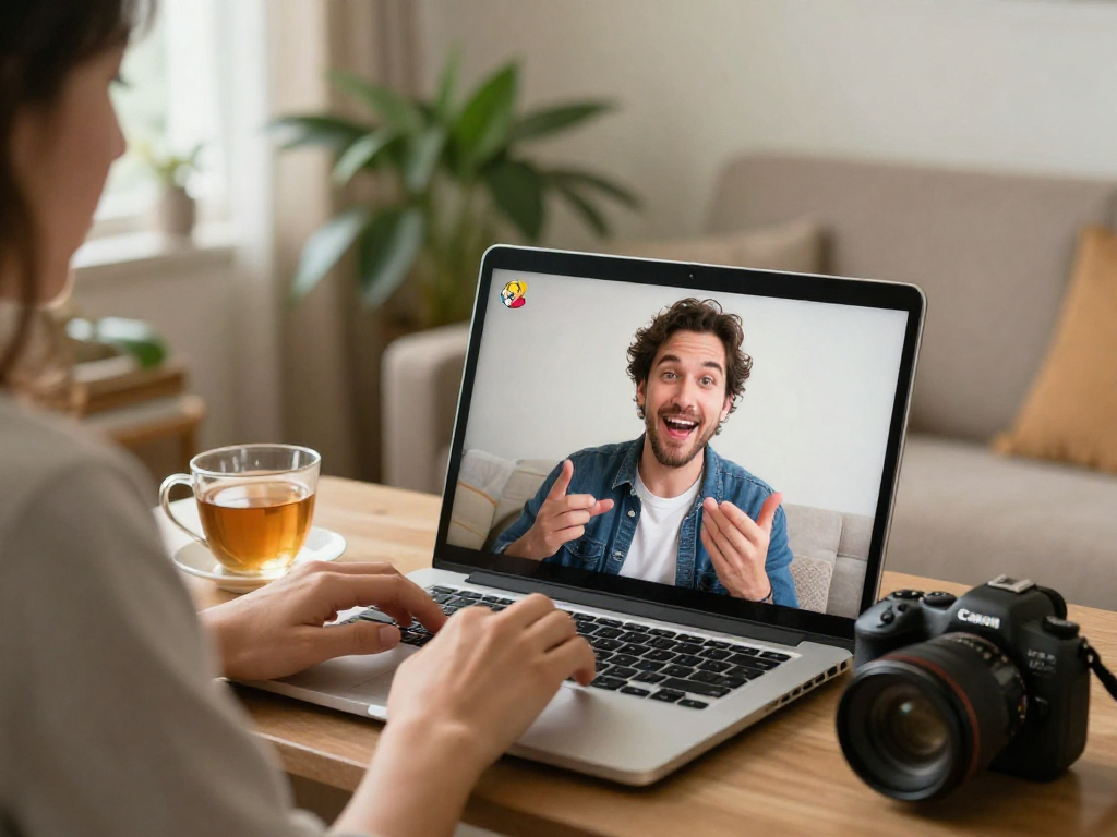 Engaging in a random chat via video call in a cozy home setup with warm lighting.