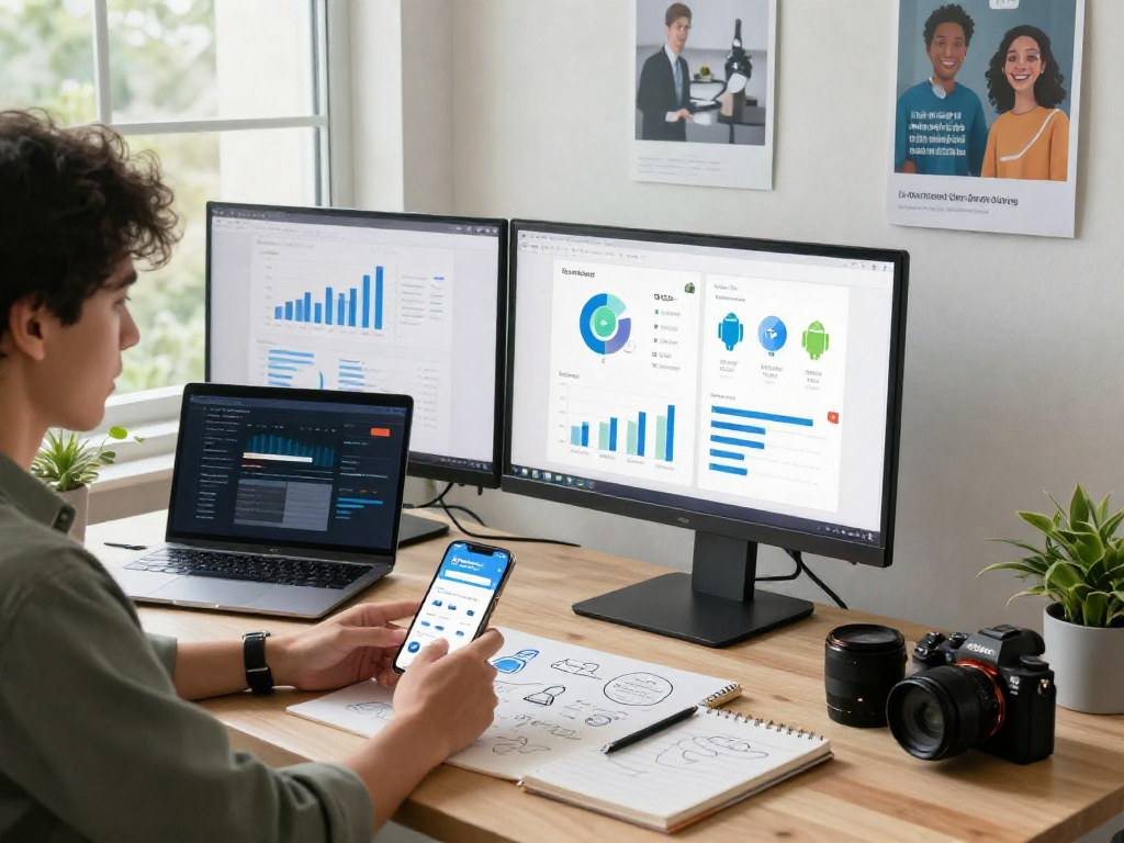 Buy iOS installs analytics workspace showing app performance metrics and marketing strategies