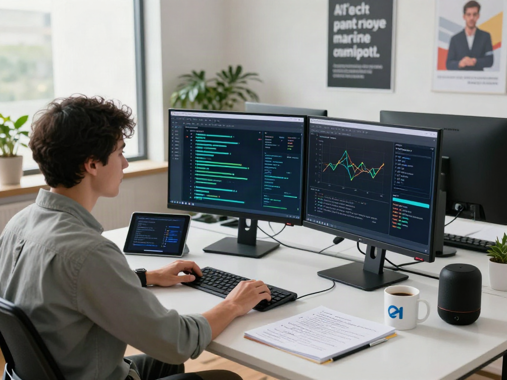 AI Detector analysis in a modern tech workspace with a data scientist reviewing AI-generated content