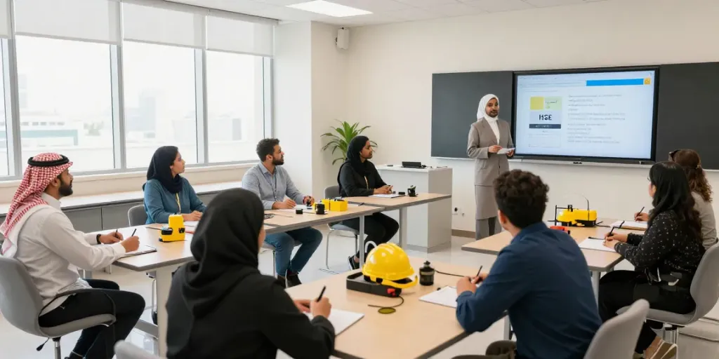 Training Institute Saudi Arabia with professionals learning HSE certifications in a modern classroom.