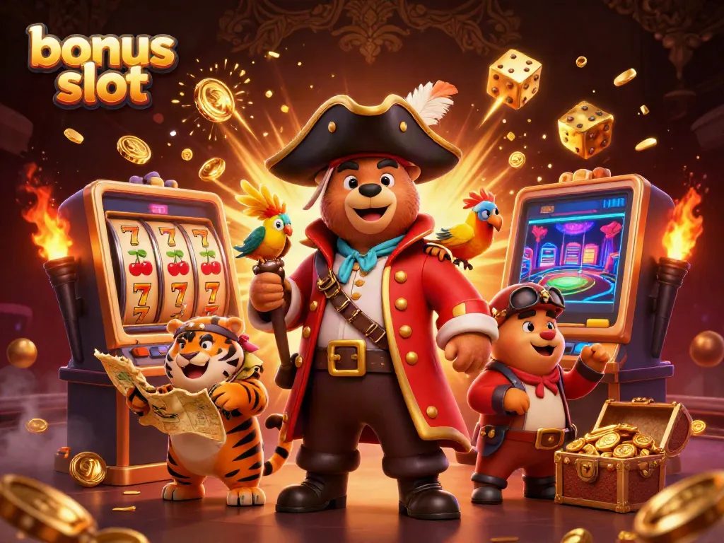Experience the thrill of the bonus slot with a vibrant 3D scene featuring a pirate bear and a tiger beside a jackpot slot machine.