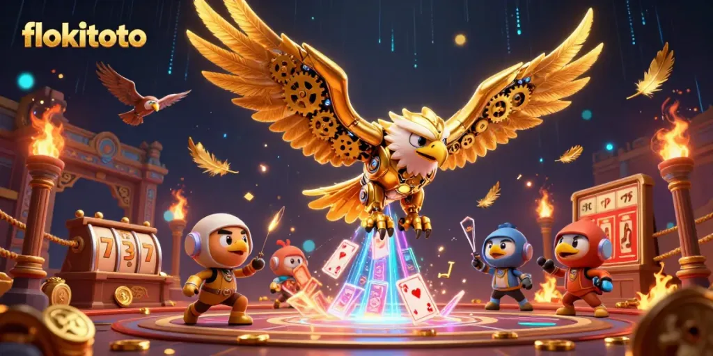 Experience exhilarating gameplay with flokitoto as a golden eagle dives amidst vibrant symbols and holographic effects.