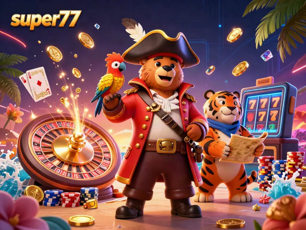Experience thrilling gameplay with super77 in this vibrant pirate-themed casino scene.