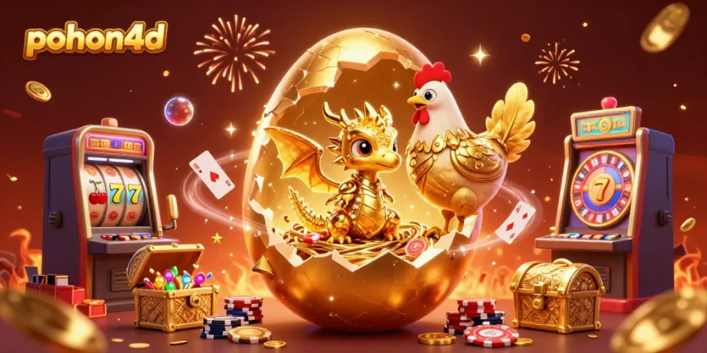 Experience the thrill of winning with pohon4d's golden dragon and dynamic slot machine scene, packed with excitement.
