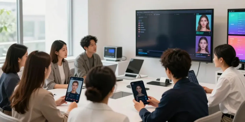 Engaged individuals exploring Alternatives to QOVES in a tech-enhanced beauty analysis studio.