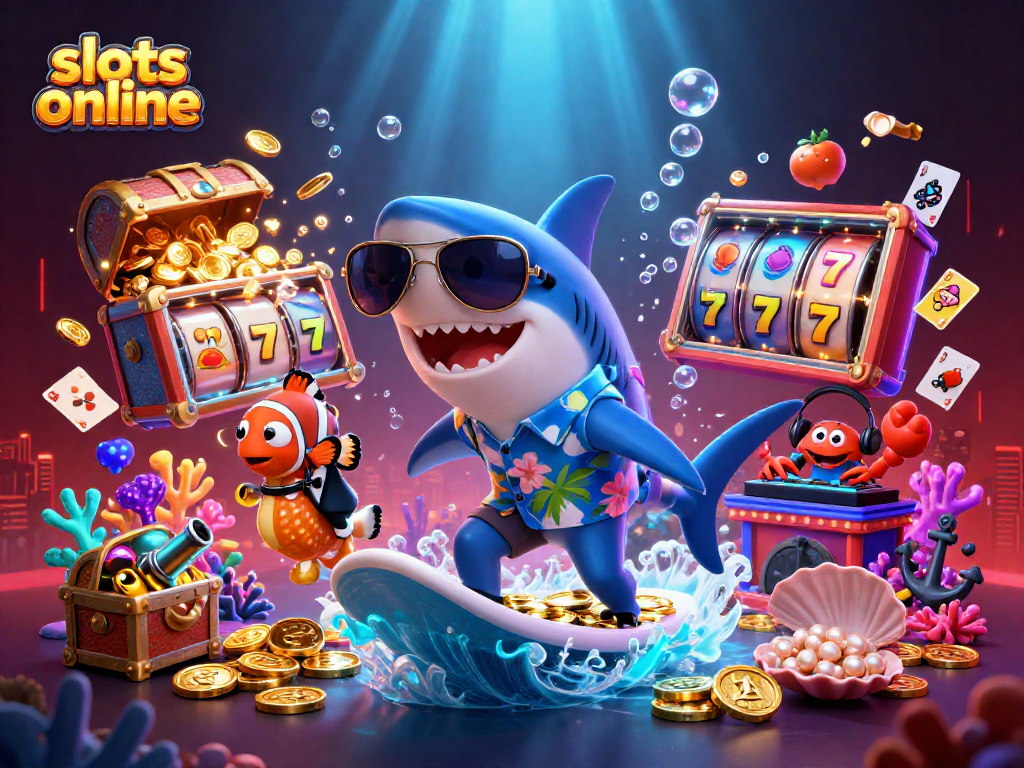 Experience the thrill of slots online with a vibrant 3D scene featuring a shark surfing gold coins amidst slot reels and playful ocean creatures.