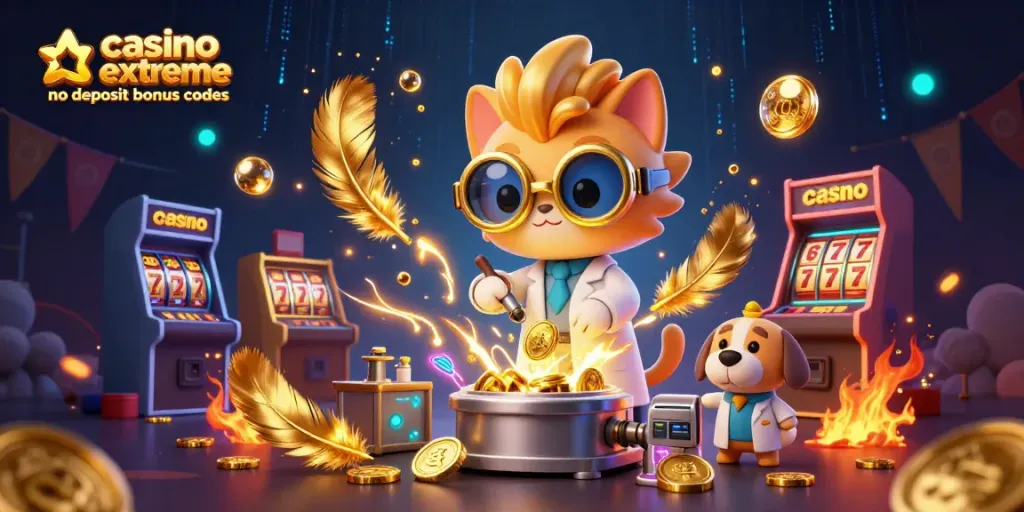 Play and win with casino extreme no deposit bonus codes in a colorful 3D scene filled with casino elements.