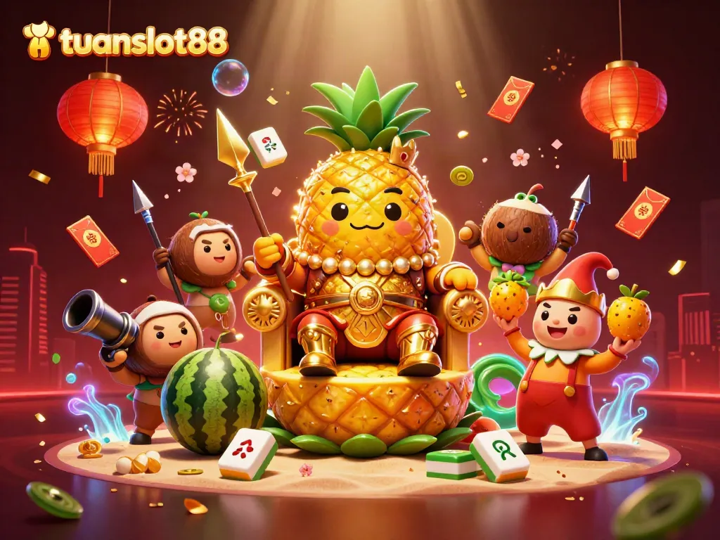 Suasana slot bbw yang menggambarkan tuanslot88 dengan raja nanas, pengawal kelapa, dan badut mangga di kasino pantai.