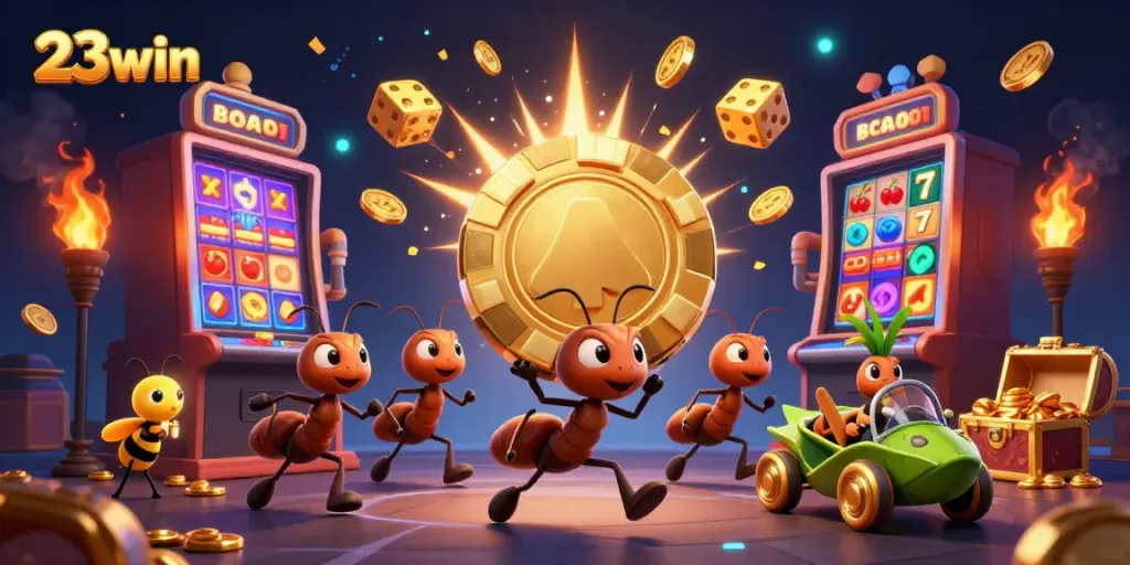 Experience thrilling fun at 23win's dynamic 3D casino illustration showcasing a heist scene with ants.