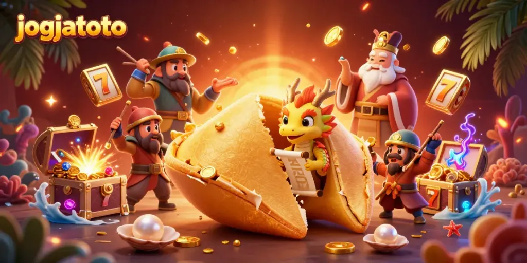 Experience the excitement of jogjatoto with a vibrant scene featuring dynamic slot elements and fortune characters.