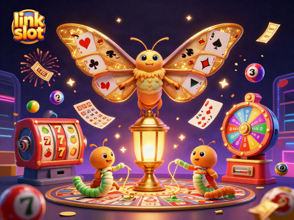 Experience the excitement of link slot games with vibrant 3D illustration of casino-themed elements.