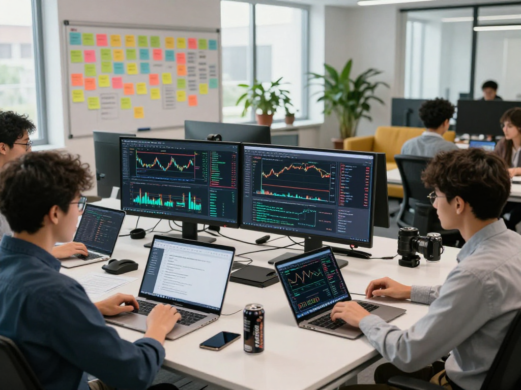 Team of developers collaborating on a multi-contract futures batch API in a high-tech workspace, analyzing real-time market data.