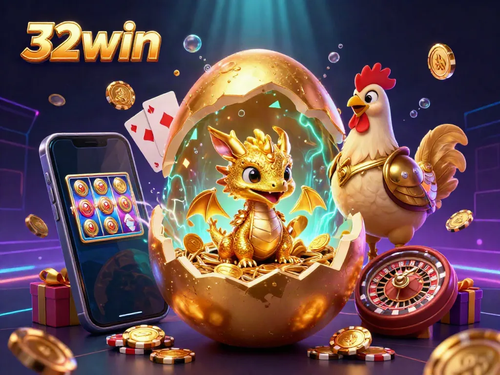Experience the excitement of 32win through a golden dragon arising from a poker chip nest, illustrating online gaming magic.