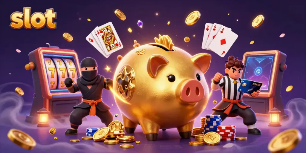 Slot permainan yang penuh dengan koin emas dan karakter kasino berinteraksi dinamis.