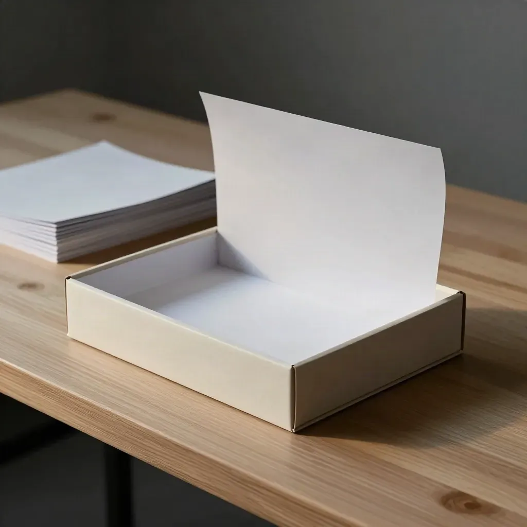 Trademark launch box with blank sheets and packaging proofs on a workbench at dawn