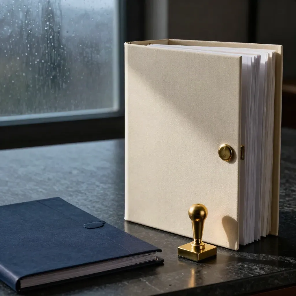 Ivory legal binder, brass seal press, and navy folders on a rainlit stone desk at dawn
