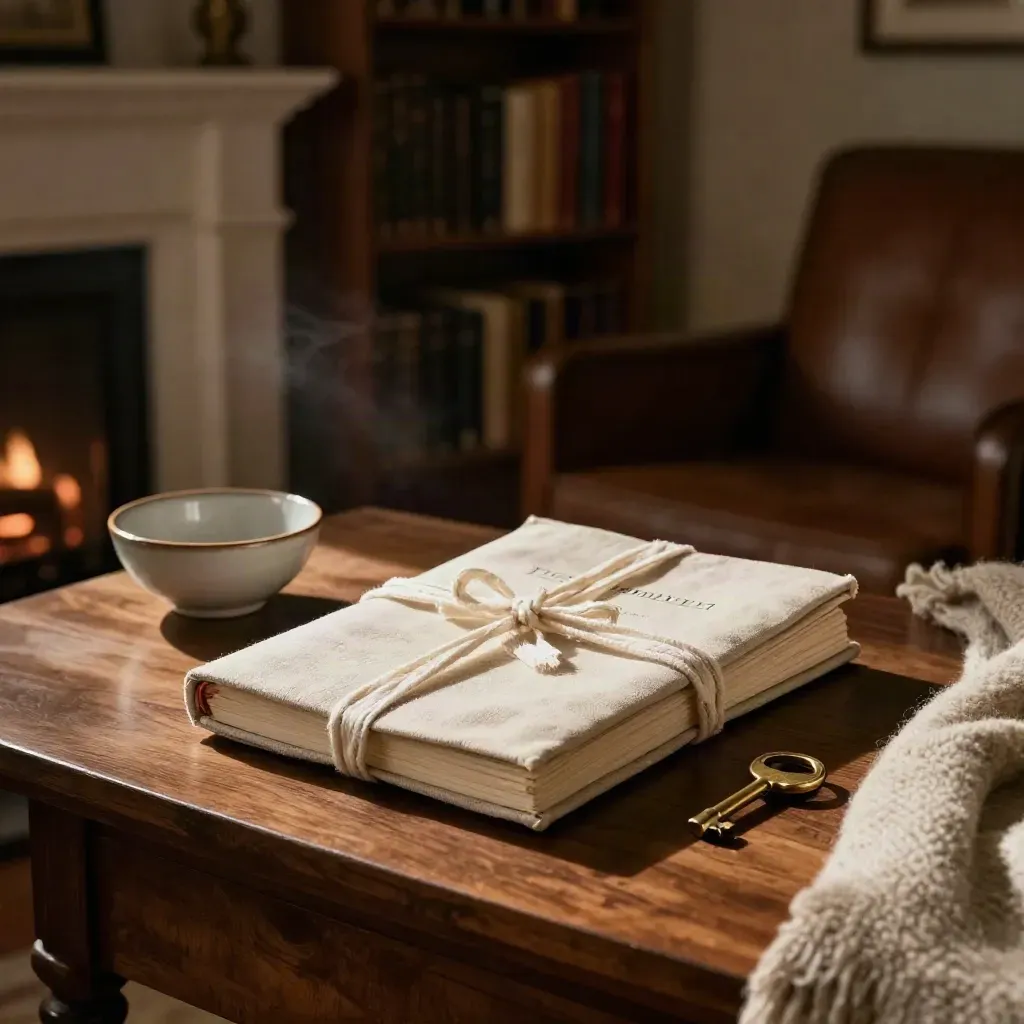 Wrapped estate-planning portfolio, brass key, and ceramic bowl in a warm home library.